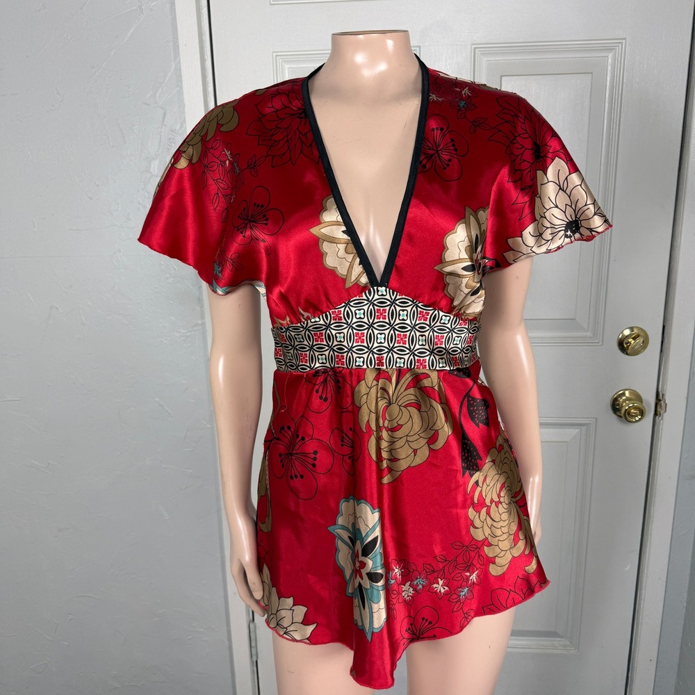Vintage Y2K Papaya Shirt Satin Asian Floral V Neck Tie Blouse Top V neck K3-13